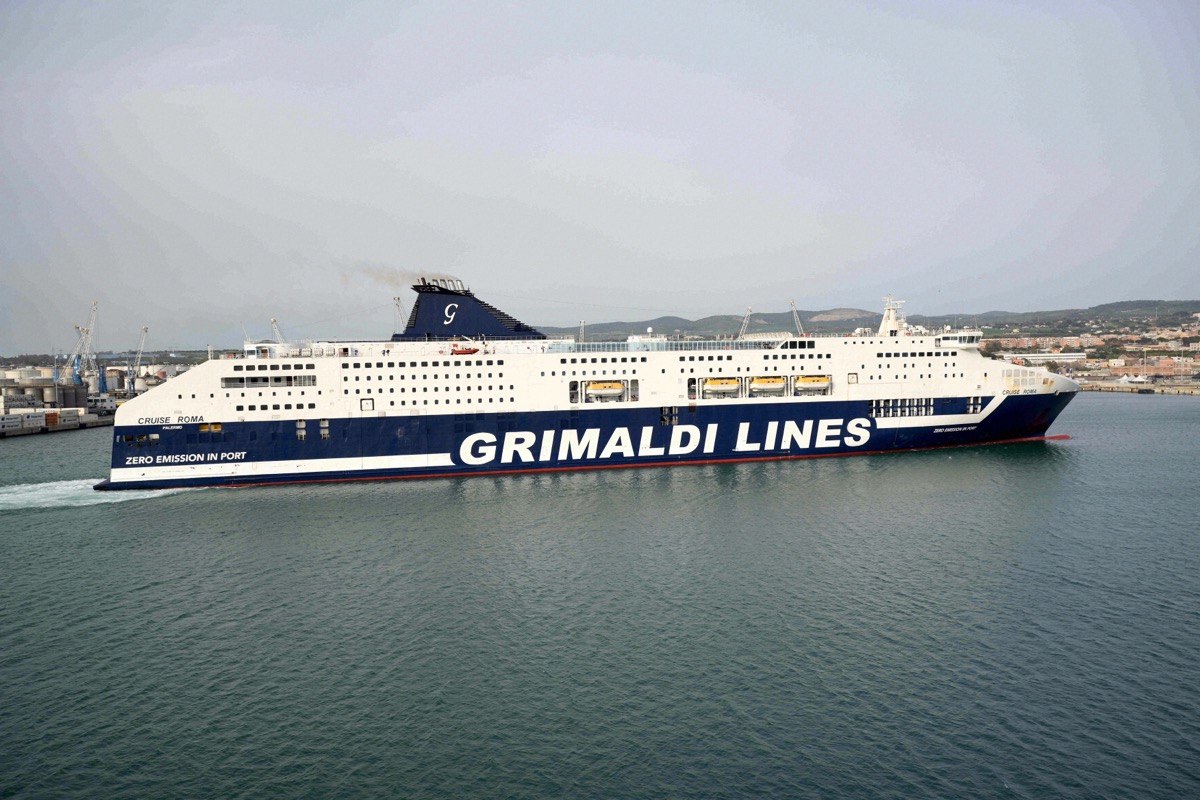 The Grimaldi Lines ferry Cruise Roma departs a Mediterranean port
